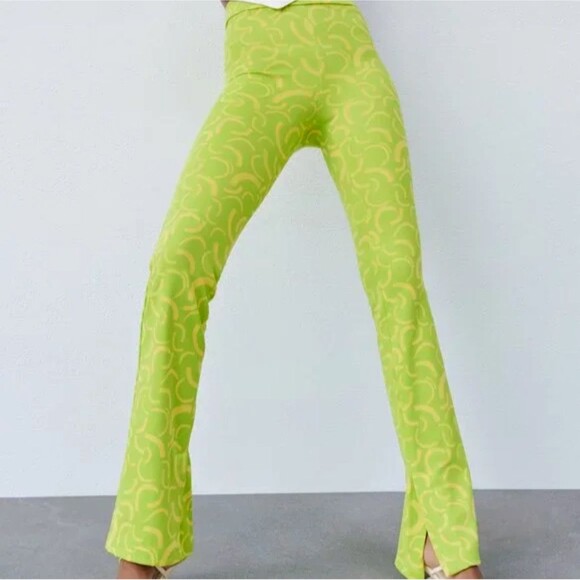 Zara Flared Jacquard Trousers High Waist Stretch Pants Slit Hem Green Yellow XS - Picture 1 of 12